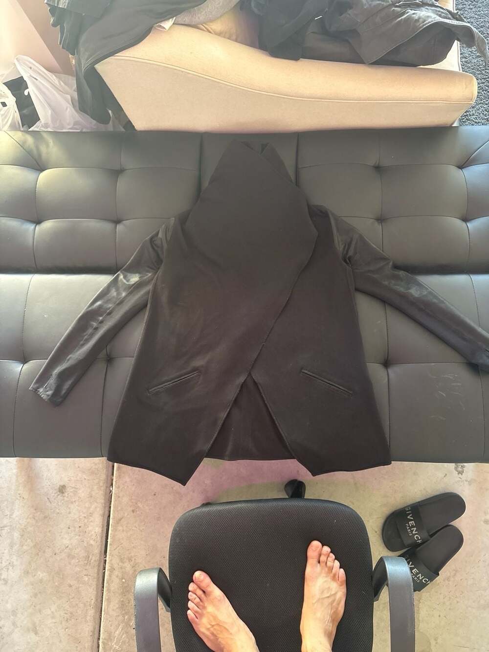 Spanx Leather Sleeve Open Front Drape Jacket with Thumbholes